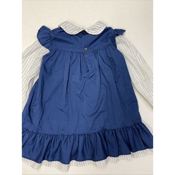 Vintage Swing Top Dress Blue & White Pinstripe Embroidered Long Sleeve Collar - Picture 6 of 10